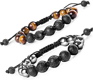 Bivei Beaded Bracelets Lava Rock Stone Essential Oil Diffuser Braided Woven Adjustable Natural Semi-Precious Gemstone Beads Crystal Bracelet for Men Women(Tiger Eye and Hematite)