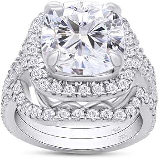 SAVEARTH DIAMONDS Cushion Cut Lab Created Diamond Moissanite Engagement Ring & Double Wedding Band Halo Bridal Set, Wedding Rings Bands in 14k Gold Plated 925 Sterling Silver (3.50 Cttw, G-H/VVS1)
