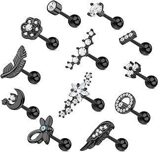 FASACCO 12PCS 18G Stainless Steel Barbell Helix Cartilage Stud Earrings CZ Leaf Dragonfly Flower Wing Moon Star Forward Helix Tragus Daith Conch Piercing Jewelry for Women Men