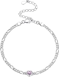 Lobster Clasp Cubic Zirconia Birthstone Heart Bangle Bracelet - Figaro Chain, 925 Sterling Silver - For Women and Teen Girls - Adjustable Size