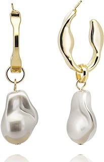 Mumu Cabin Large Gold Hoop Baroque Pearl Drop Dangle Stud for Women, Dainty Huggie Big Freshwater Pearl Earrings with Designer Style, Hypoallergenic 925 Sterling Silver Stud, Looks Luxury! MU005-18