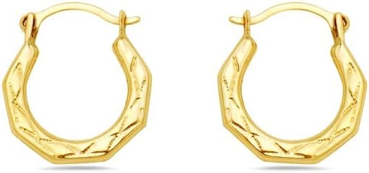 10K Solid Gold Diamond Cut Oval Fancy Design Mini French Lock Hoop Earrings - Jewelry for Women/Girls - Small Hoop Earrings