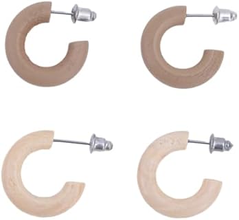 2 Pairs Wooden Open Hoop Stud Earrings for Women, Small 20mm Colored Wood Lightweight Earrings