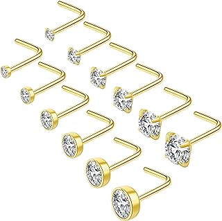 12Pcs Nose Studs L Shaped 20 Gauge Nose Piercings Nose Rings Studs Nose Piercing Jewelry Nose Piercing Stud Surgical Steel Nose Ring Nose Rings Studs Jewelry for Women Men 20G 1.5mm 2mm 2.5mm 3mm 3.5mm 4mm CZ Gold Silver