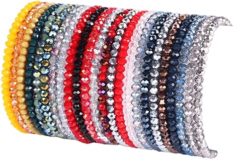 24 Pcs Stretch Bead Bracelets with Bead Chain for Women, Boho Multilayer Statement Stackable Design, Sparkly Crystal Glass Beads