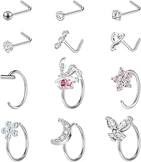 16-Piece Stainless Steel Nose Stud Ring Set with Zircon Gems, Threadless Push-In Design for Men and Women, Versatile 16G Body Piercing Jewelry