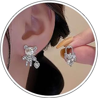 Charming Zinc Bear and Heart Asymmetric Stud Earrings with Push Back for Women and Girls