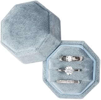 Equal Octagon Velvet Ring Box Storage 3 Slots for Wedding Ceremony Proposal Engagement Birthday Gift (Light Ocean Blue)