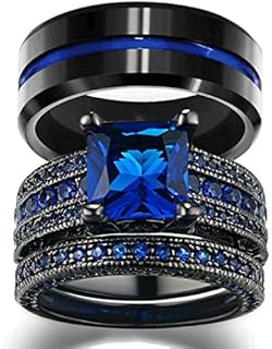 His and Hers Wedding Ring Sets Couples Rings Women 10K Black Gold Filled Blue Cz Wedding Engagement Ring Bridal Sets Men's Wedding Band