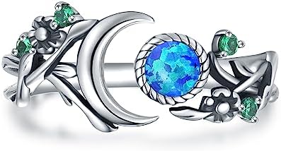 Adjustable Sterling Silver Leaf Ring with Opal Gem - Vintage Moon Engagement Ring for Women