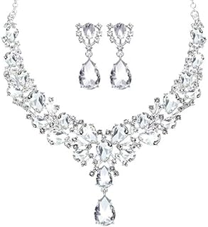 Hicarer Bridal Teardrop Cluster Crystal Jewelry Set for Women Necklace Earrings Wedding