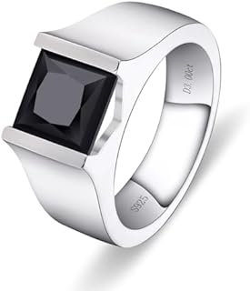 18K White Gold Plated S925 Sterling Silver Men's Ring with Black Moissanite, Lab-Created Diamond for Engagement or Anniversary - Princess Cut Design, Size 6-13