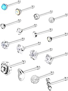 JOVITEC Stainless Steel Nose Stud Set Steel Nose Ring Rose Ball Labret Body Piercing Jewelry for Party Wear or Clothes Matching, 20 G (16 Pieces, Bone Stud)