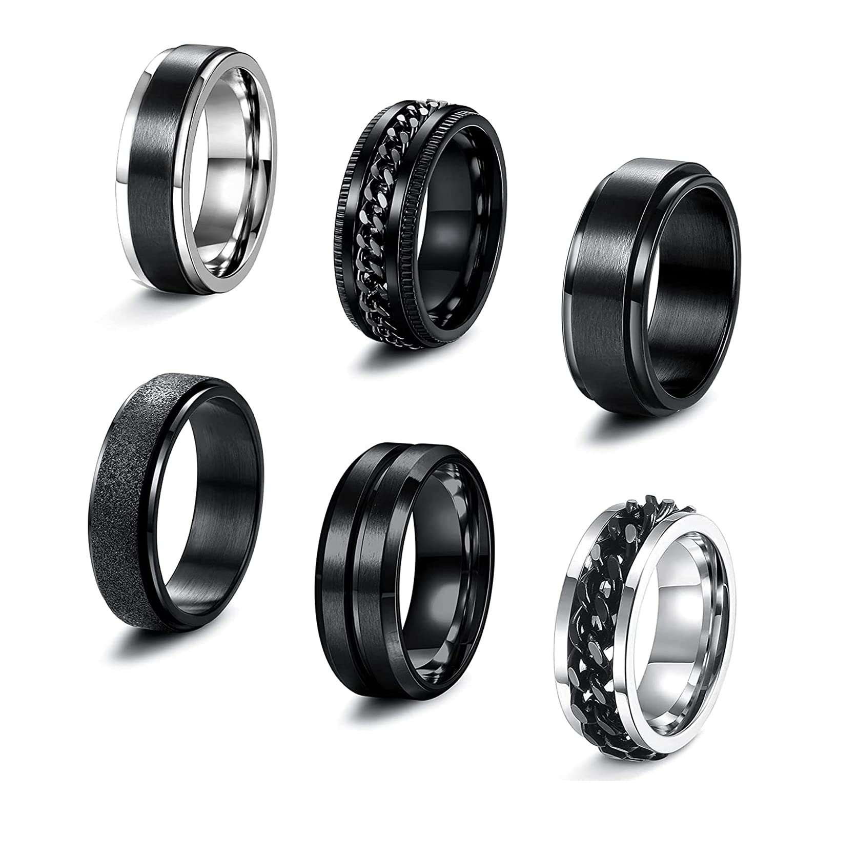 SAILIMUE 6 Pcs 6/8 MM Black Spinner Rings for Men Women Stainless Steel Fidget Ring Anxiety Stress Relieving Cool Chain Fashion Ring Set Wedding Promise Band Rings Size 7-13