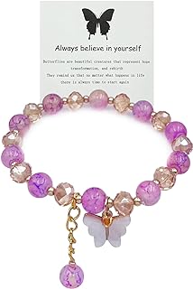 Meztole Always Believe in Yourself Butterfly Bracelet Cute Butterfly Charm Bracelets for Women Girls Elastic Butterfly Crystal Beads Bracelet Lucky Butterfly Jewelry