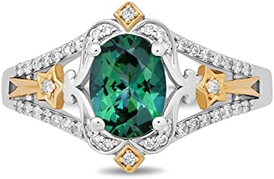 Jewelili Enchanted Disney Fine Jewelry 10K Yellow Gold and Sterling Silver 8x6 MM Oval Created Emerald and 1/5 Cttw Natural White Diamond Tinkerbell Ring