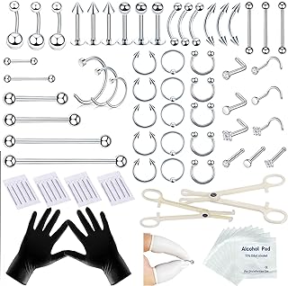 Complete 80PCS Stainless Steel Nose Stud & Piercing Kit by Tustrion, Suitable for Various Body Piercings, Featuring Varied Chain, Clasp, Back Findings & Designs - For Piercing Enthusiasts