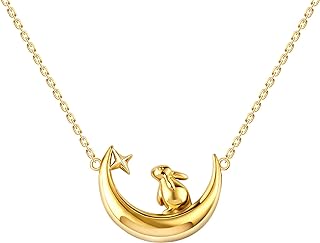 14K Gold Bunny Rabbit Moon Necklace with Lobster Clasp for Women, Delicate and Hypoallergenic Pendant, Perfect Gift for Girls, Moms, Daughters - Adjustable Length Chain 16" +2"