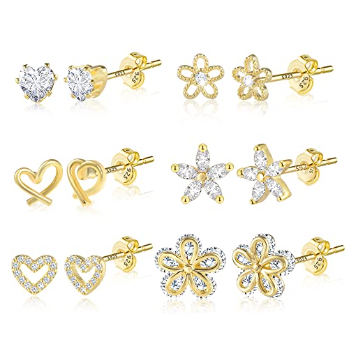 Small Gold Stud Earrings 6 Pairs Cute Stud Earrings for Women Cubic Zirconia Earrings Studs 14k Gold Plated Heart Stud Earrings for Girls Hypoallergenic Stud Earrings Pack