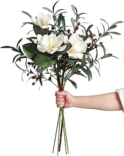 Artificial Magnolia Flowers with Artificial Olive Branches Real Touch White Magnolia Flower Combo Faux Olive Branches Artificial Flowers for Floral Craft Arangements Home Decor Indoor (White)