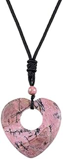 Unisex TUMBEELLUWA Rhodonite Crystal Heart Pendant Necklace with Adjustable Rope Chain - Natural Gemstone Healing Accessory