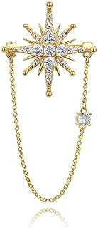 Star Burst Lapel Brooch Pin for Women Men Cubic Zirconia Crystal Chain Tassel 14K Gold Plated Pins Jackets Dress Suit Sweater Shawl Corsage Brooches Pins Dainty Jewelry Gifts Birthday