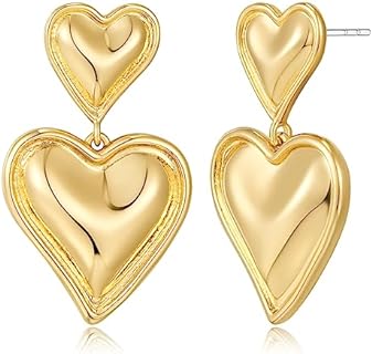Chic WOWORAMA Gold Heart Dangle Earrings for Women With Push Back - Brass Double Heart Design