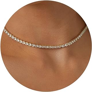 Tewiky Rhinestone Choker Necklaces 14K Gold Plated Sparkling Tennis Chain Necklace Dainty Crystal Bridal Jewelry for Women