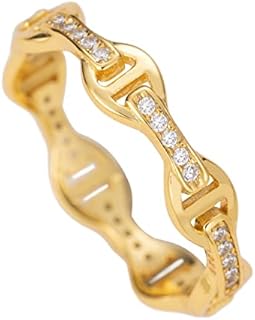 925 Sterling Silver 18K Gold Plated Cubic Zirconia Maritime Mariner Anchor Chain Link Stackable Ring Wedding Band, Nickel Free Hypoallergenic for Sensitive Skin, with Gift Box