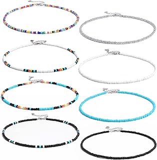 Cable Chain Handmade Glass Bead Necklaces - 8 Piece Boho Western Choker Set for Women and Girls - Vibrant Summer Jewelry Gift Collection