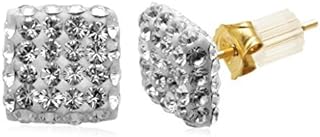 Jewelili 10K Yellow and White Gold 1.5 MM Round White and Brown Cubic Zirconia Square Stud Earrings
