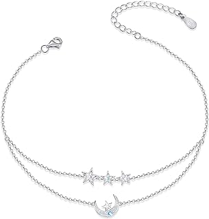 ATTRACTTO Moon Star Ankle Bracelets for Women 925 Sterling Silver Layered Anklets Sea Beach Adjustable Foot Ankle Jewelry Gifts for Teen Wife Girls