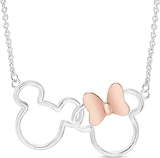Two-tone Mickey & Minnie Interlocking Pendant Necklace with Link Chain for Women, Disney Themed Silver Plated Brass Jewelry