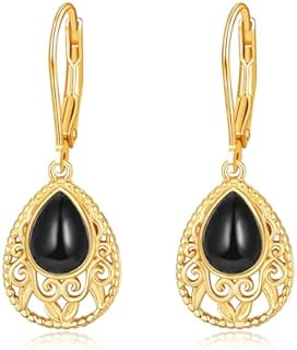 TANGPOET Black Onyx Dangle Earrings 925 Sterling Silver Filigree Boho Dangle Earrings French Back Earrings Black Onyx Jewelry Gifts for Women Girls
