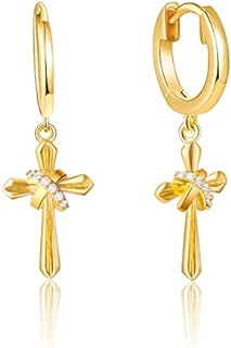 14K Gold Plated Dangle Cross Earrings with Cubic Zirconia for Women, Men & Girls, Push Back Stud Design