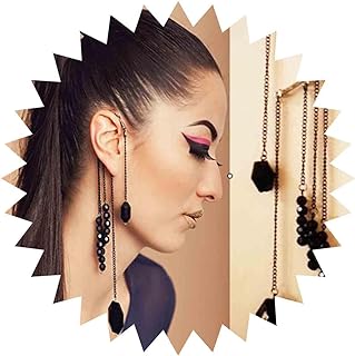 Gold Alloy Black Gem Dangle Cuff Earrings Non-Piercing Ear Climber Design for Women and Girls - Elegant Boho and Gothic Style
