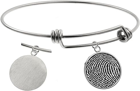 Personalized Fingerprint Text Engrave Custom Message Picture Dangle Charm Adjustable Wire Bangle Bracelet Friend Family Inspirational Gift