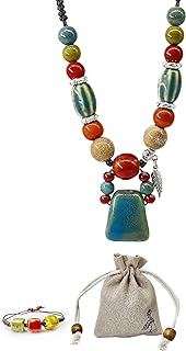 "No Clasp" Boho Ethnic Ceramic Beaded Pendant Necklace, Zinc Chain, Fashion Gift for Women & Girls, Multi-Colored Statement Design