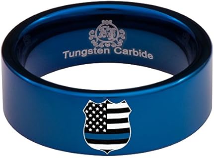 Tungsten Carbide Thin Blue Line Police Flag Badge Ring 8mm Wedding Band Anniversary Ring for Men and Women