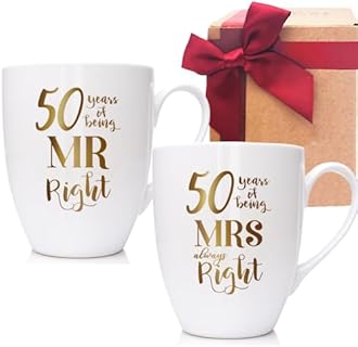 Premium Ceramic 50th Wedding Anniversary Mug Set with Gold Accents by SUUURA-OO - Durable 12oz Couples Gift Mugs