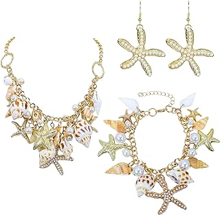 Shell Necklace Choker Mermaid Tail Necklace - Fashion Sea Shell Starfish Faux Pearl Collar Bib Statement Chunky Necklace Pendant