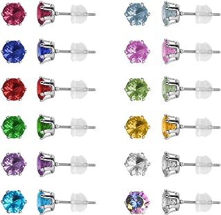 12 Pairs Stainless Steel CZ Stud Earrings for Women, Brilliant Cut Round Cubic Zirconia Stud Earrings, Birthstone Stud Earrings Set