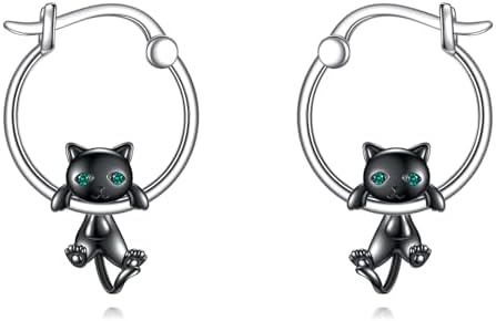 Hinged Hoop Clasp, Sterling Silver Animal Cat Hoop Earrings with Cubic Zirconia for Women and Girls, Adorable Cow, Dog, Frog, Fox, Axolotl Design