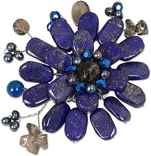 Pin Clasp Lapis Lazuli & Smoky Quartz Floral Brooch - Handcrafted Stainless Steel & Cultured Freshwater Pearls - Perfect Gift for Jewelry Lovers from Thailand
