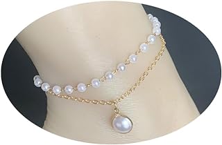 Layered Pearl Ankle Bracelet for Women 14K Gold White Pearl Foot Chain Boho Vintage Pearl Dangle Chain Anklet Bracelet Dainty Layered Charm Anklet 2Pcs Set Foot Jewelry Gift for Women Girls