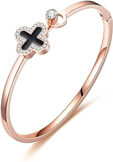 Four-Leaf Clover Bracelet for Women, Enamel Plated Gold Lucky Clover Fashion Simple Bracelets Cubic Zircon Rose Gold Leaf Bangle Black Clover for Women Jewelry