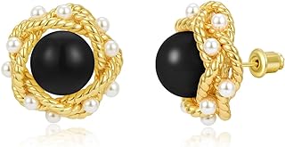 18K Gold Plated ZENLUNANO Women's Vintage Studs - Black Pearl and Cubic Zirconia Push Back Earrings