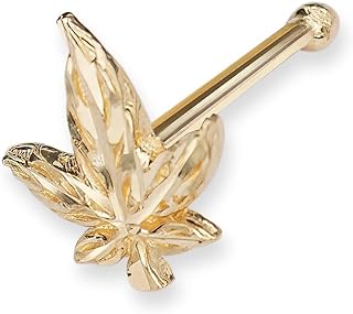 14k Yellow Gold Leaf Nose Ring - Diamond-Cut Cannabis Design Nose Stud for Women/Men - 420 Gold, Versatile for Various Piercings, 20G - JewelryWeb