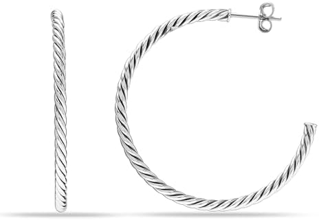 LeCalla ALL Made of 925 Sterling Silver Earrings Hoops Jewelry Medium Large Italian Gold-Plated Antique Twisted Diamond-Cut Open Half C Hoops Earring for Women