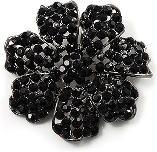Jet-Black Crystal Corsage Flower Brooch (Black Tone Metal)